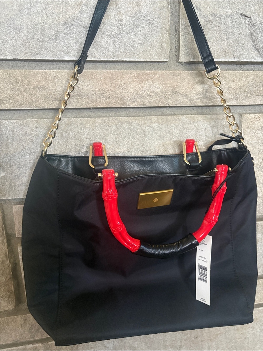 ANTONIO MELANI Black Tote with Red Bamboo-Style Handles